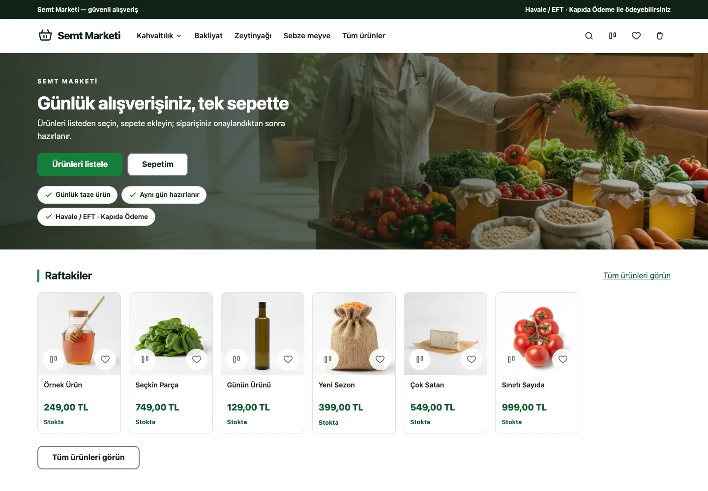 Market Vitrini tasarımının ana sayfası