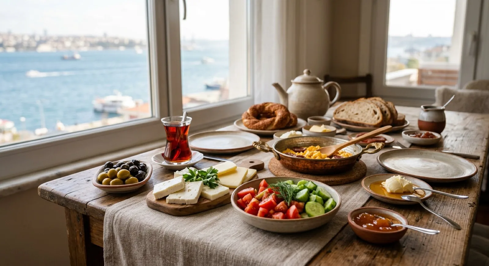 Zengin serpme köy kahvaltısı sofrası