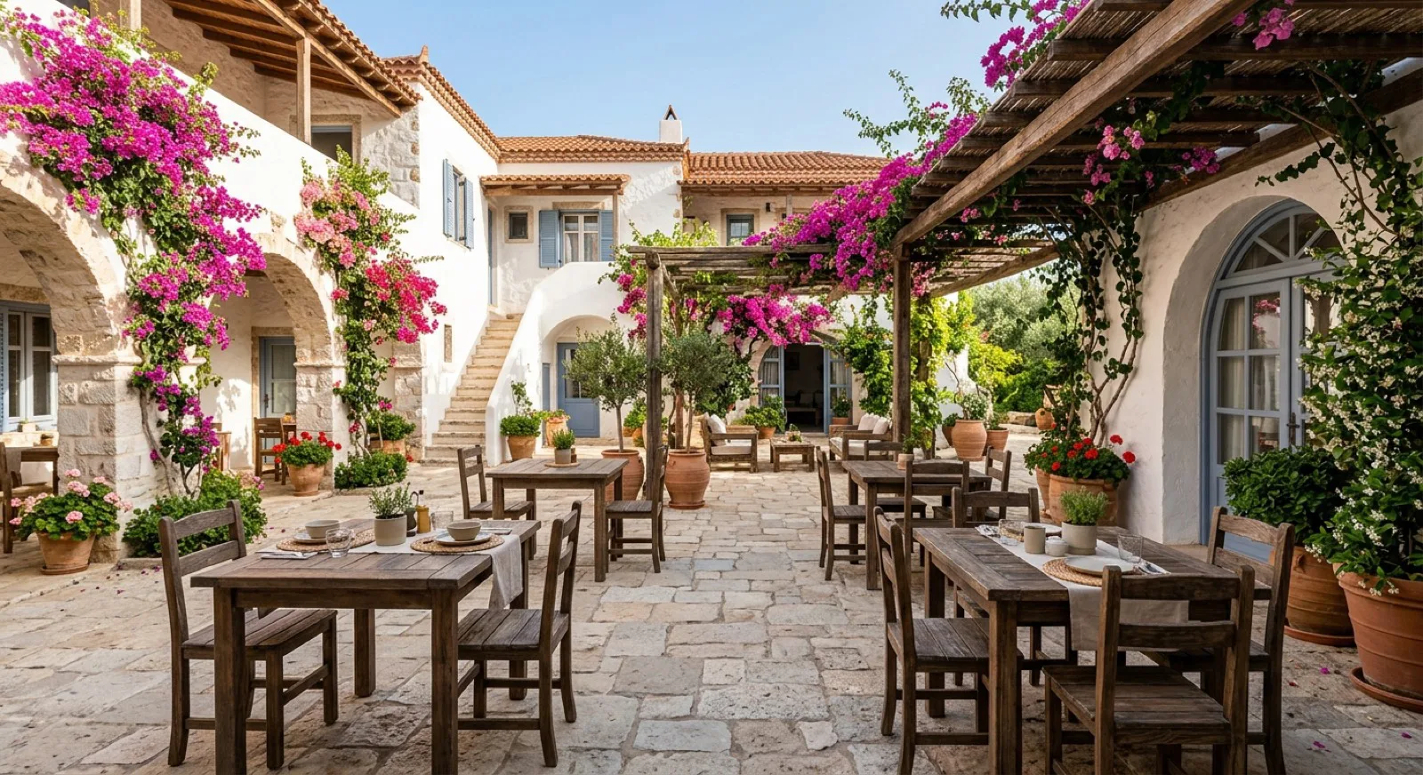 Zeytin Dalı Konuk Evi avlusunda begonvillerle çevrili oturma alanı