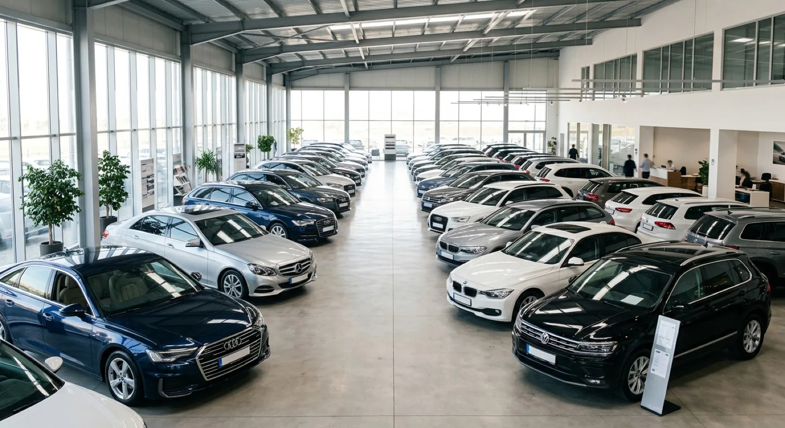 Güven Otomotiv İstanbul kapalı showroom’unda sıralanmış ikinci el araçlar