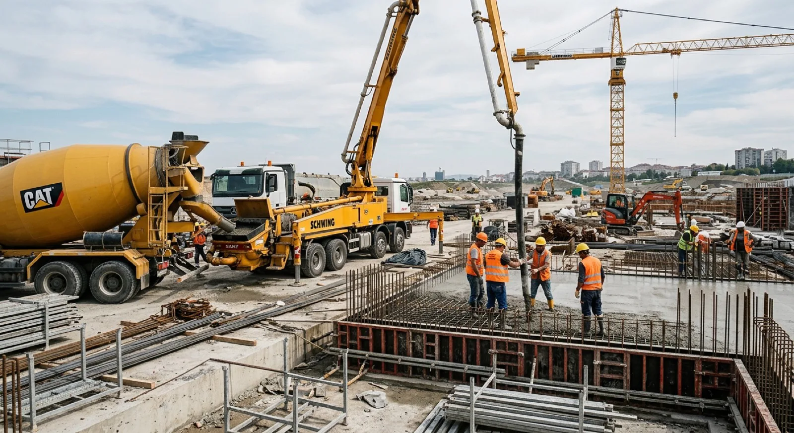 Beton dökümü yapan ekip ve pompa