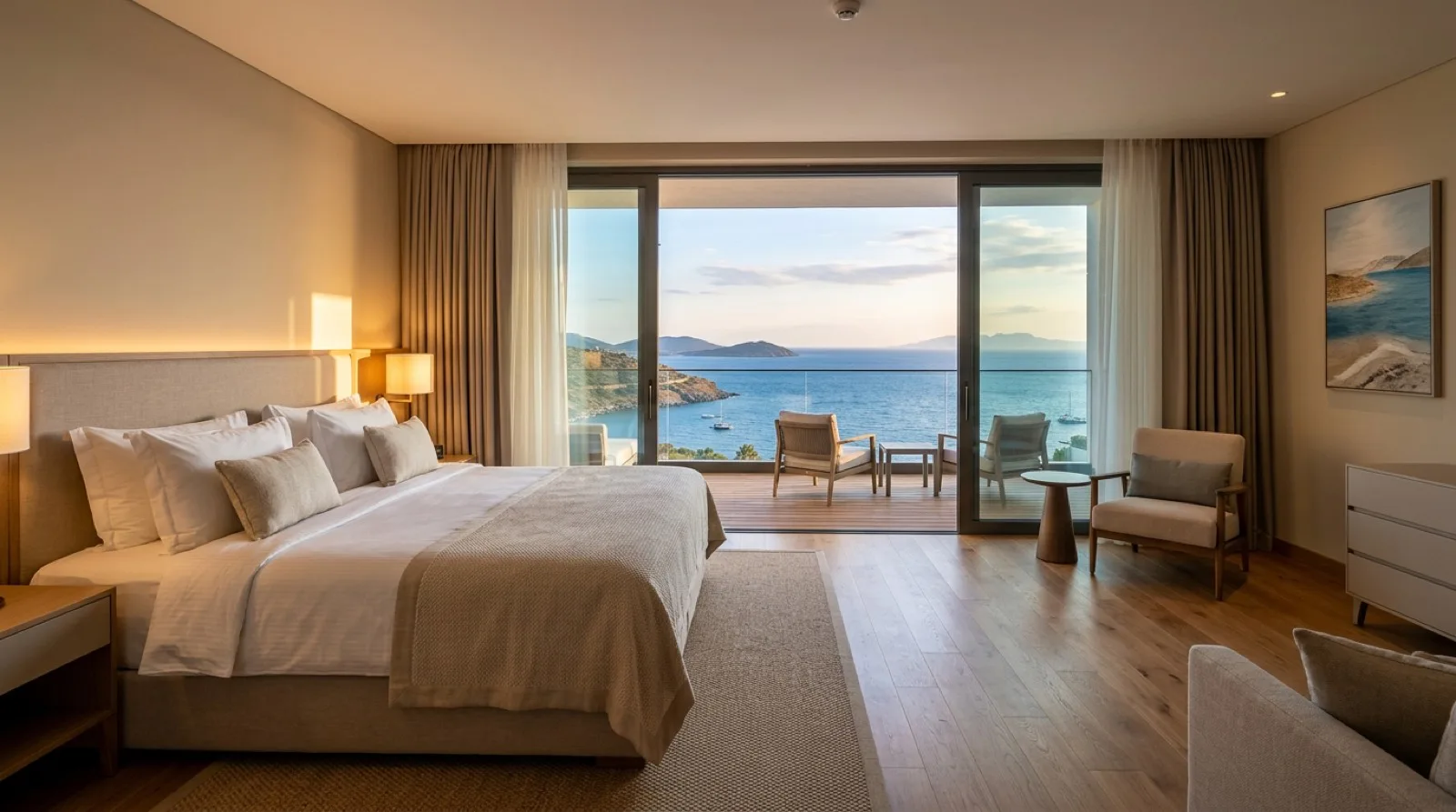 Deniz manzaralı, balkonlu bir otel odası